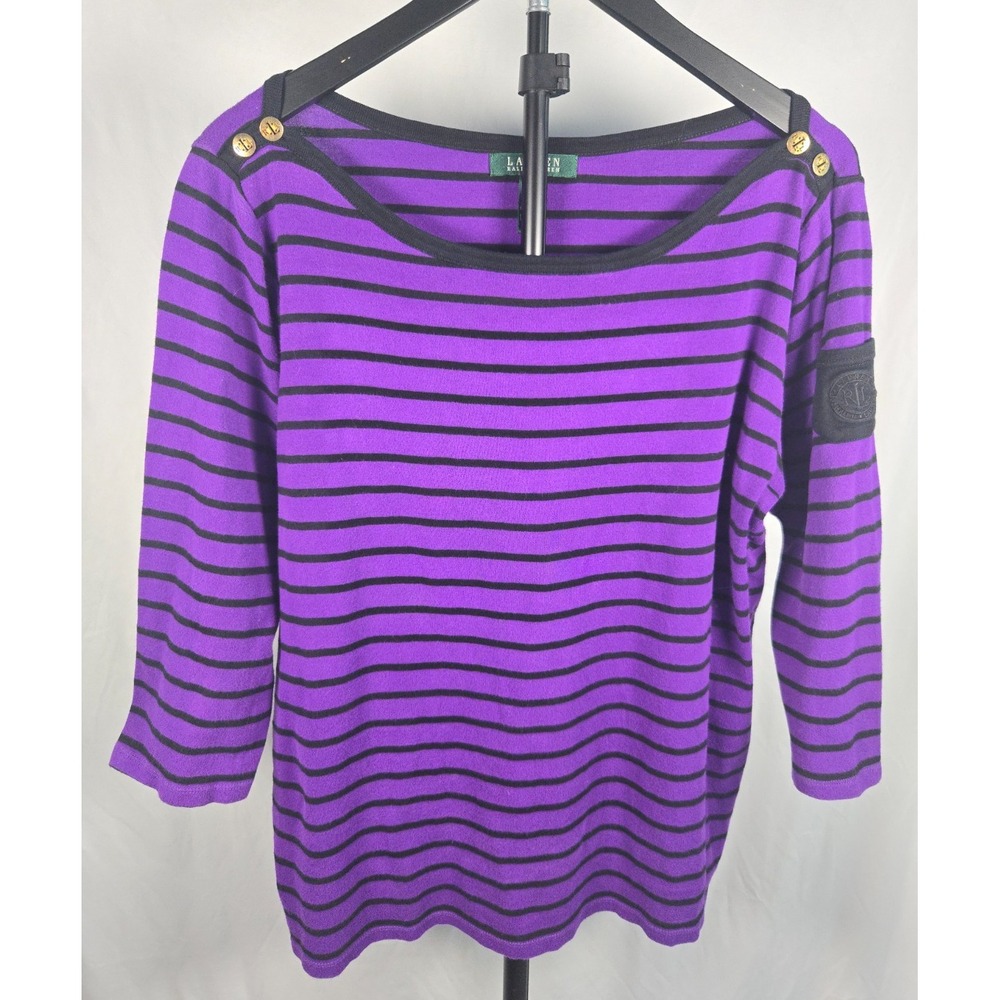 Lauren Ralph Lauren 2X Purple Black Striped Sweater Preppy Old Money Heritage